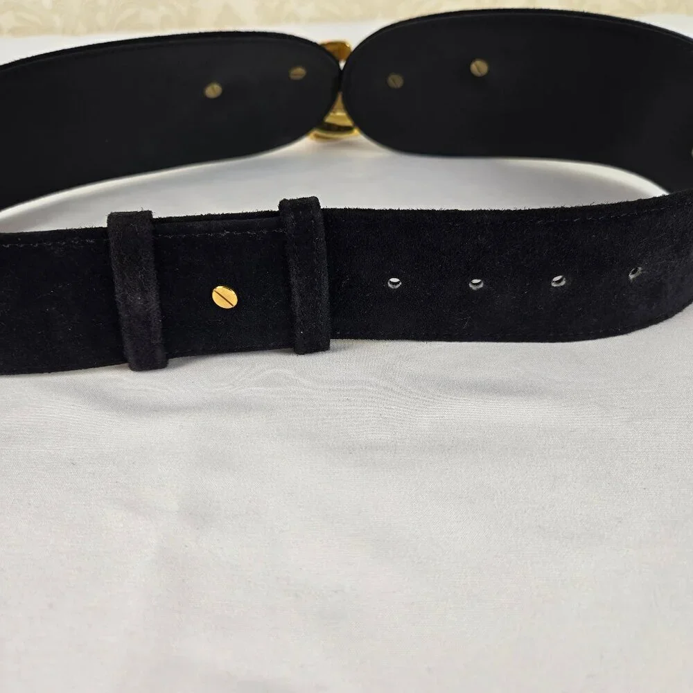 Art 9 Black Suede Wide Leather Belt Gold Hook Front Adjustable Screw Back VTG